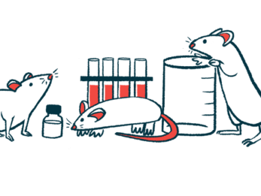 An illustration of mice around laboratory items, such vials of blood and a cylindrical glass beaker.