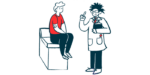 A doctor holds and clipboard and gestures while speaking with a patient seated on an examining table.