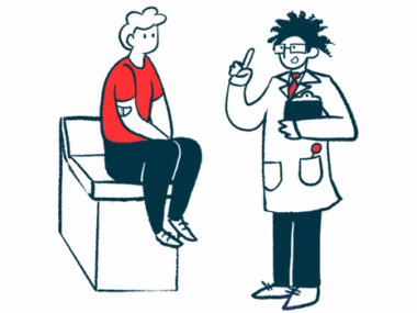 A doctor holds and clipboard and gestures while speaking with a patient seated on an examining table.