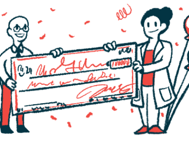 Illustration shows two medical professionals holding a giant check that has balloons attached.