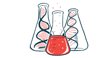 Illustration shows three bottles that hold drawings of DNA and red fluid.