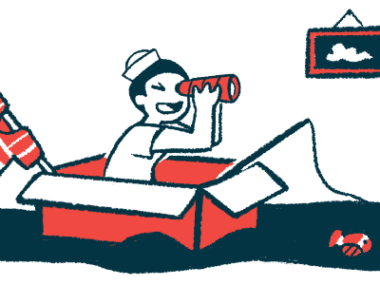 A child uses a cardboard box as a make-believe boat, with a striped shirt as its sail.