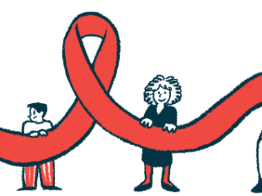 Four people, two of them children, each hold up part of a giant red awareness ribbon.