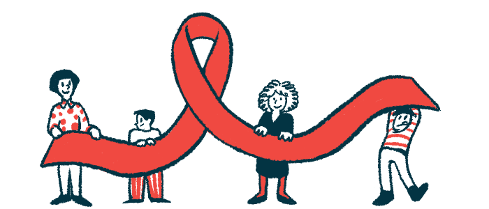 Four people, two of them children, each hold up part of a giant red awareness ribbon.